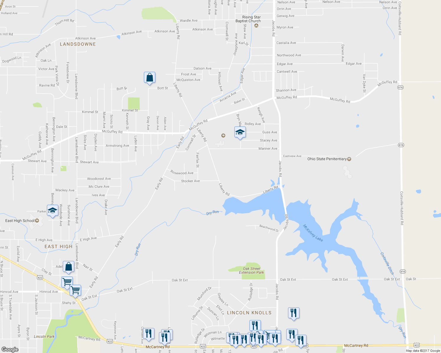 map of restaurants, bars, coffee shops, grocery stores, and more near 719 Liberty Road in Youngstown