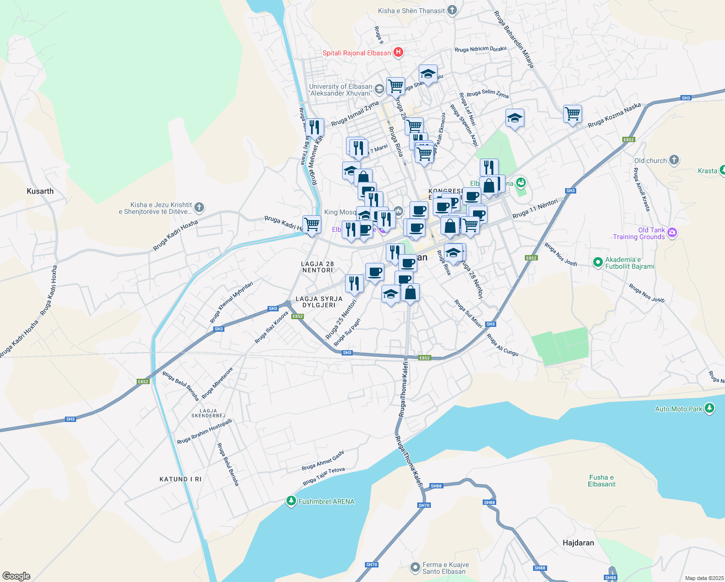 map of restaurants, bars, coffee shops, grocery stores, and more near Rruga 25 Nentori in Elbasan