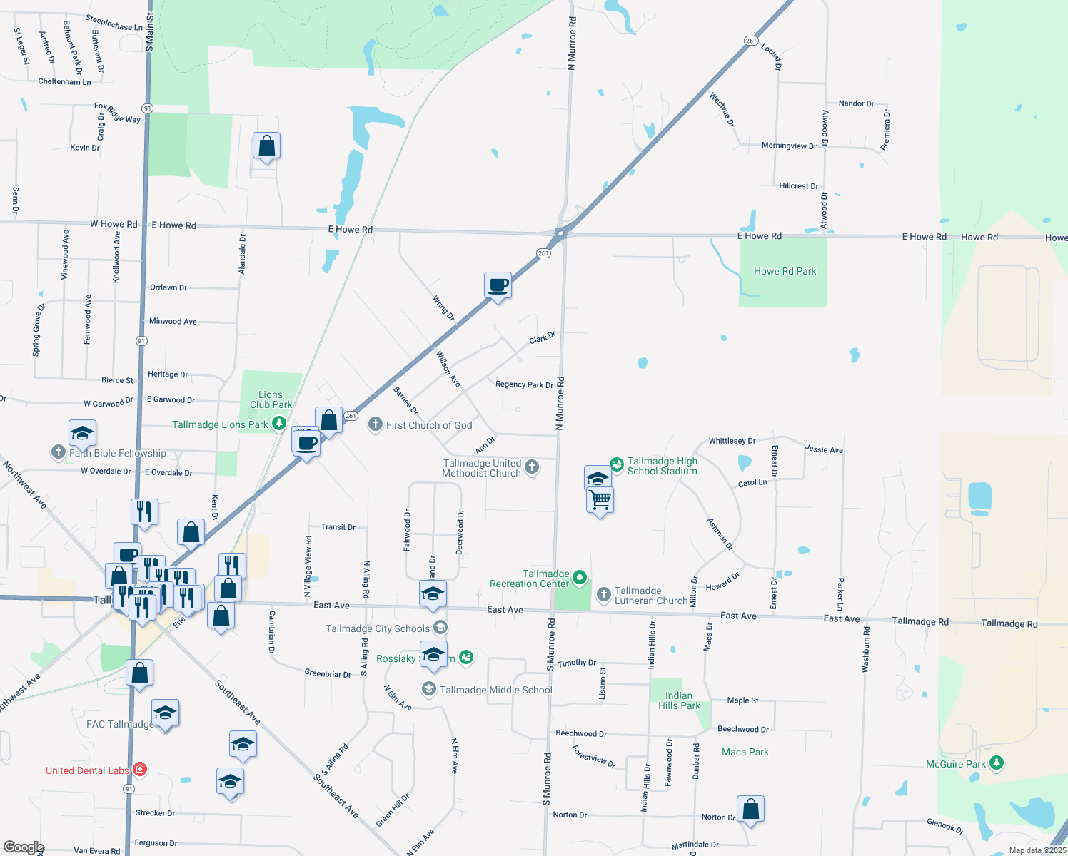 map of restaurants, bars, coffee shops, grocery stores, and more near 206 Willson Ave in Tallmadge
