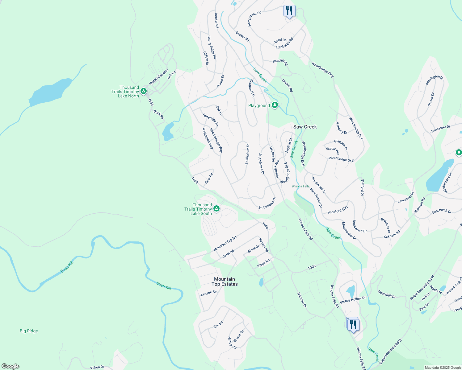 map of restaurants, bars, coffee shops, grocery stores, and more near 2078 Scarborough Way in Bushkill