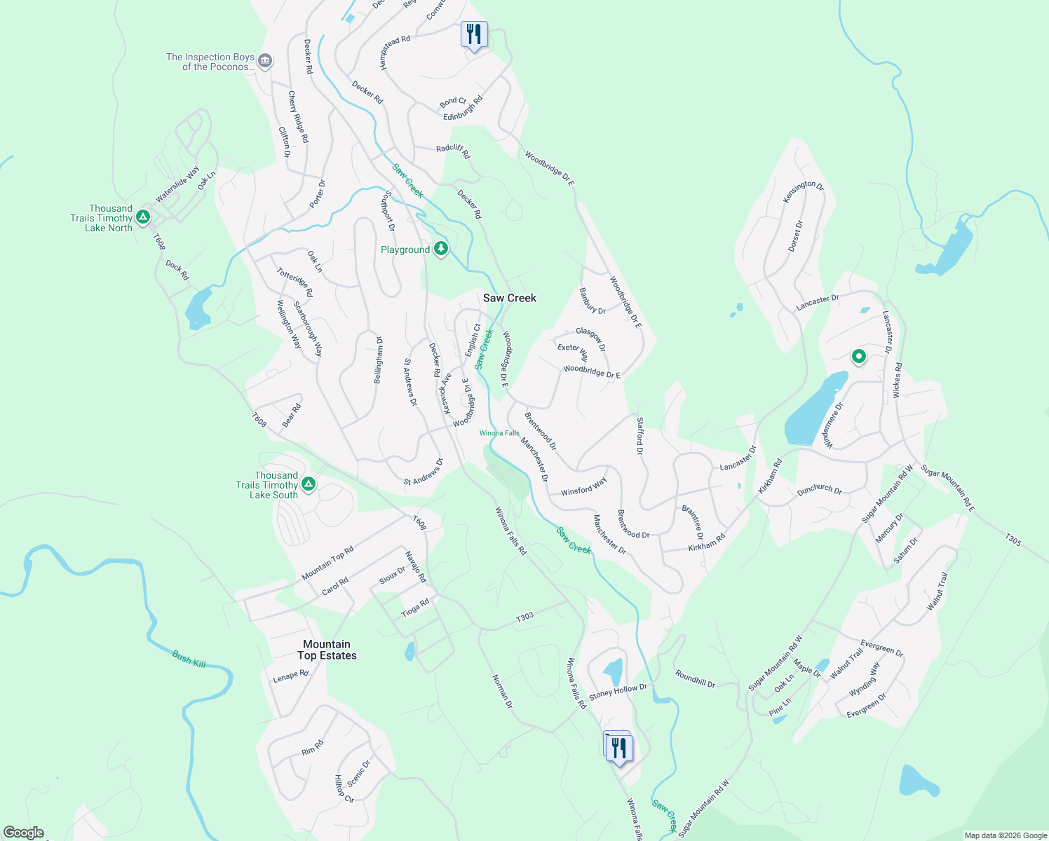 map of restaurants, bars, coffee shops, grocery stores, and more near 381 Brentwood Drive in Bushkill