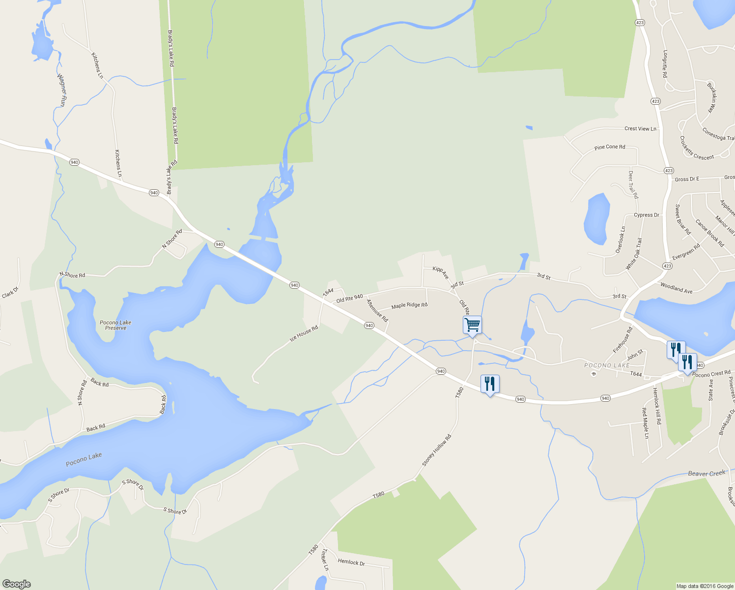 map of restaurants, bars, coffee shops, grocery stores, and more near Old Route 940 in Monroe County