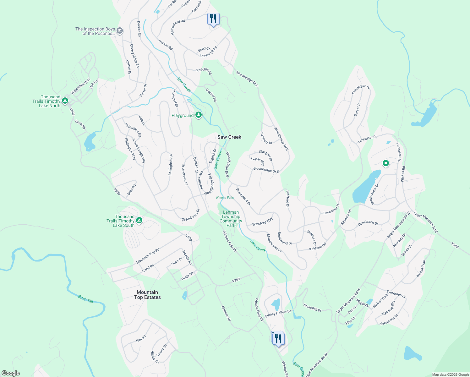 map of restaurants, bars, coffee shops, grocery stores, and more near Woodbridge Drive in Bushkill
