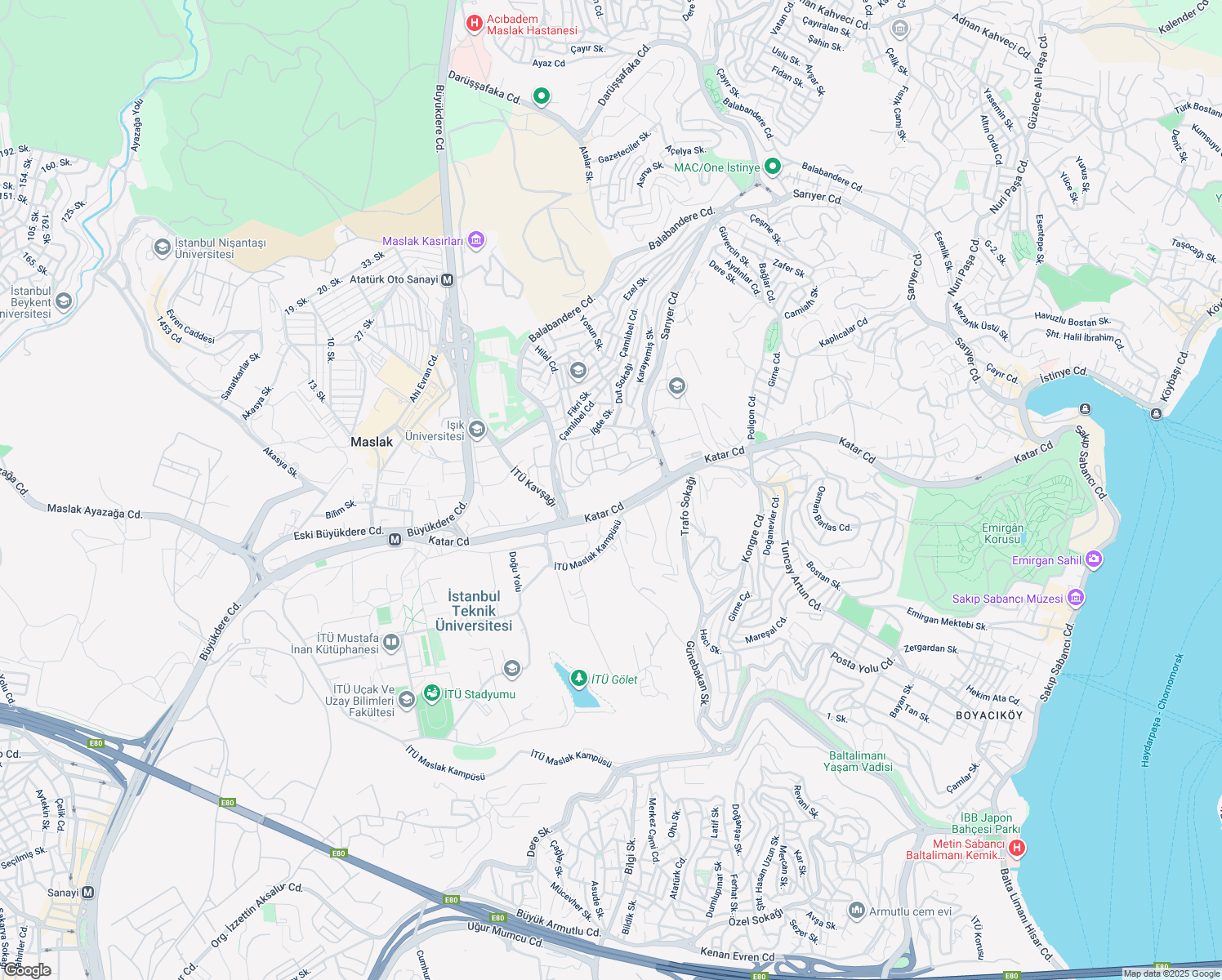 map of restaurants, bars, coffee shops, grocery stores, and more near 73 Katar Caddesi in Sarıyer