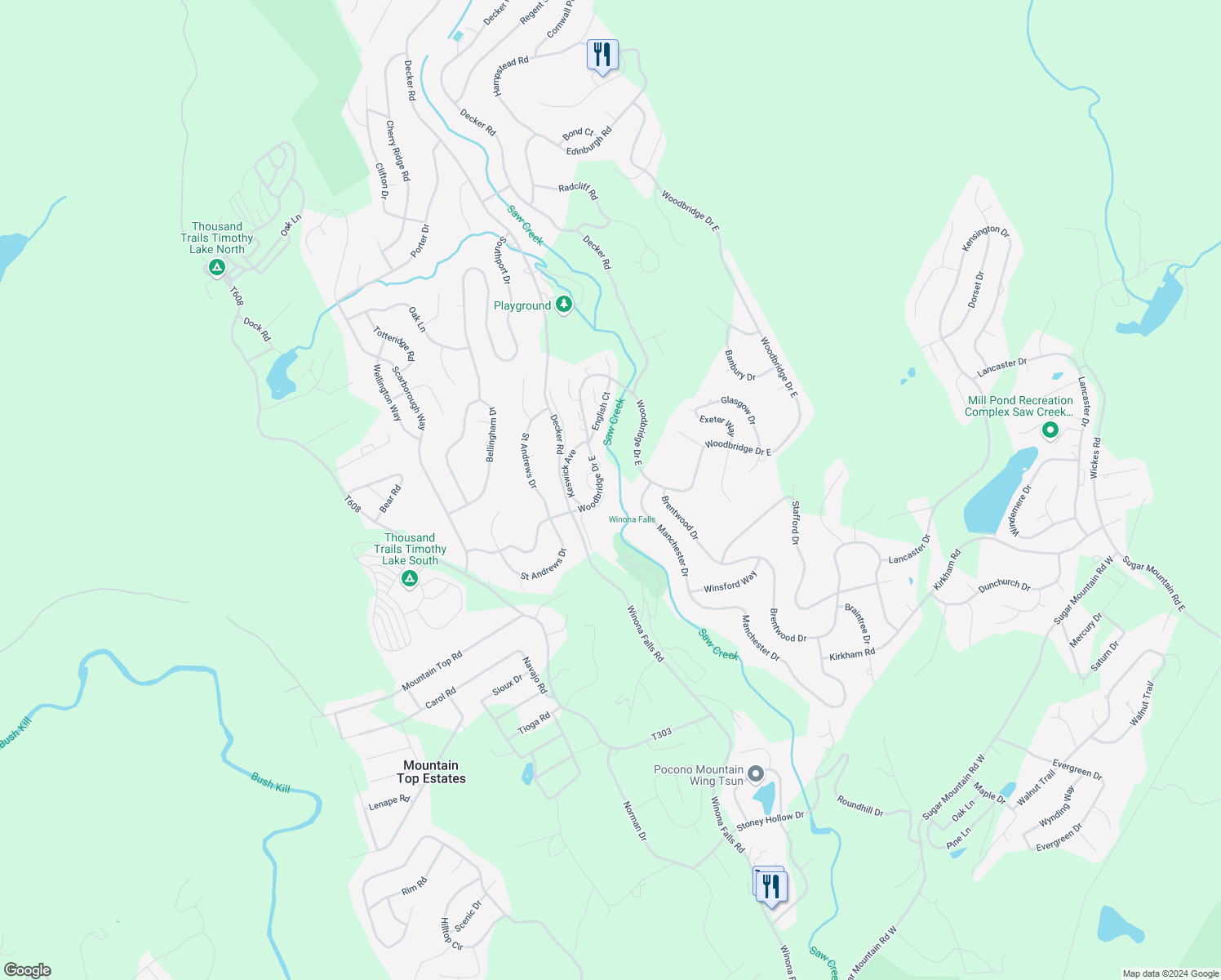 map of restaurants, bars, coffee shops, grocery stores, and more near 115 Woods Lane in Bushkill