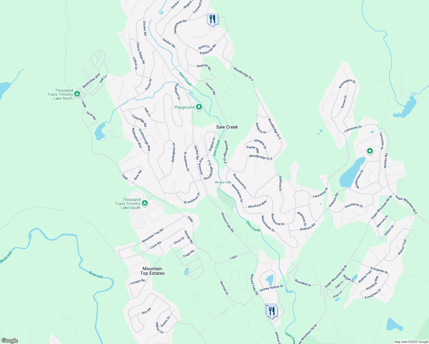 map of restaurants, bars, coffee shops, grocery stores, and more near 115 Woods Lane in Bushkill