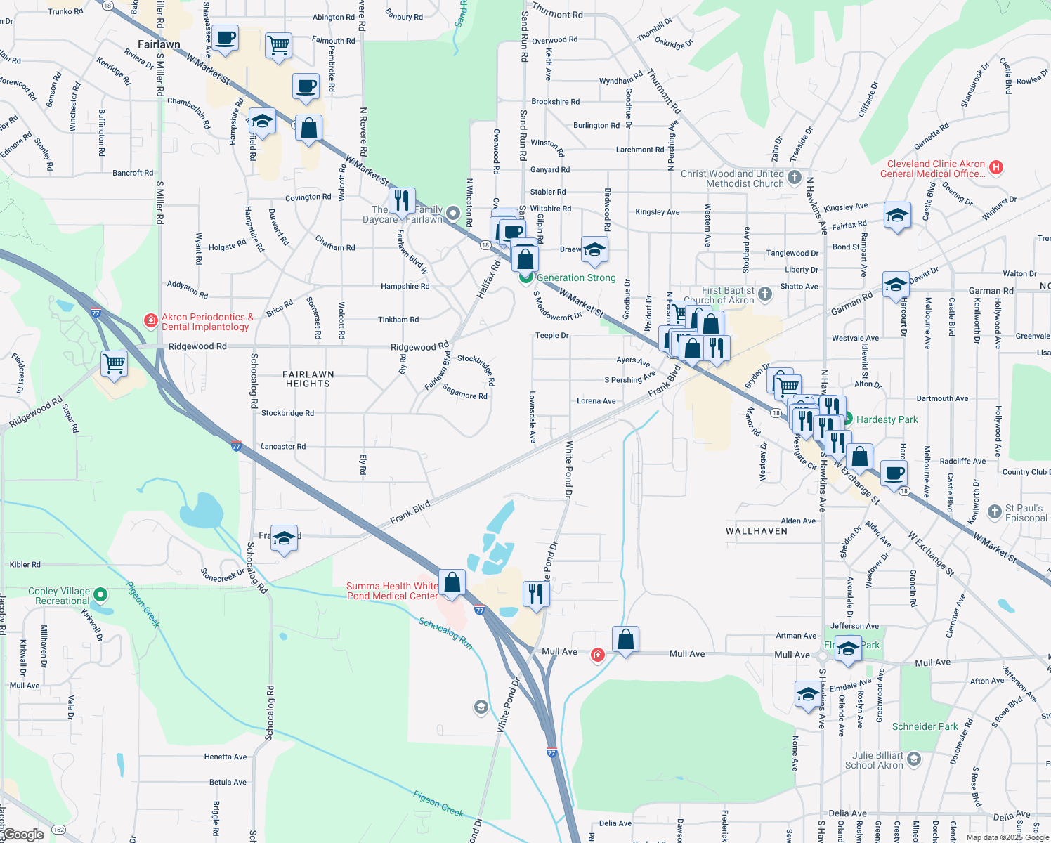 map of restaurants, bars, coffee shops, grocery stores, and more near 240 Lownsdale Avenue in Akron
