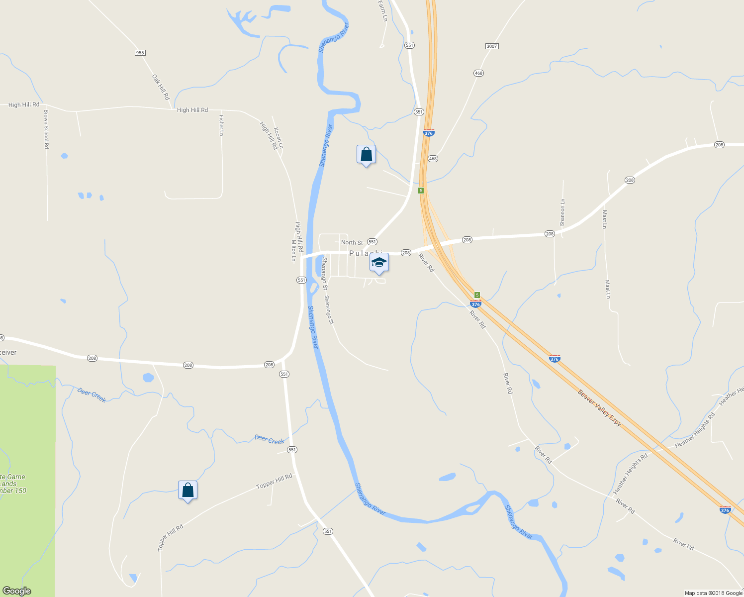 map of restaurants, bars, coffee shops, grocery stores, and more near 230 Shenango Street in Pulaski