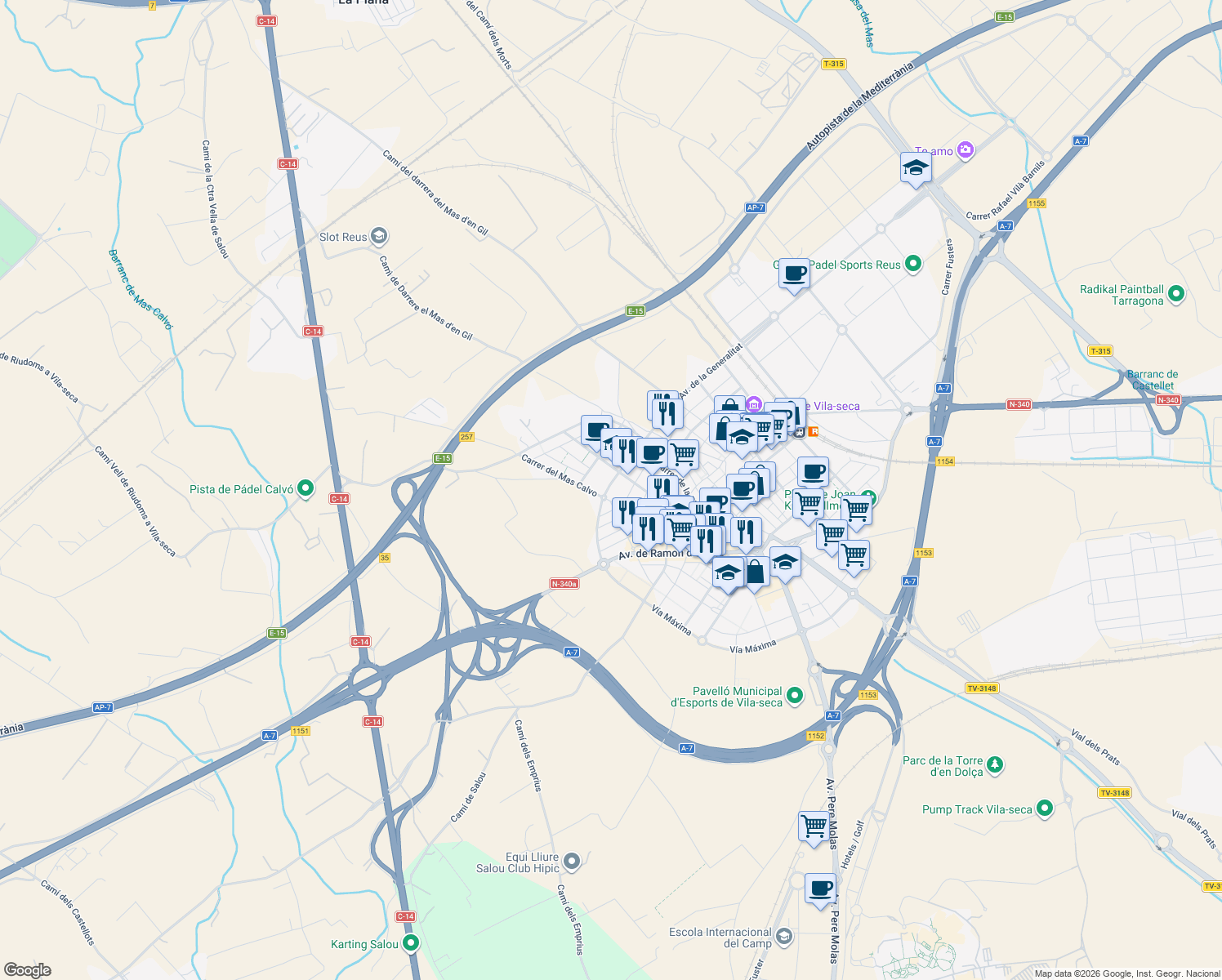 map of restaurants, bars, coffee shops, grocery stores, and more near 24 Avinguda de la Generalitat in Vila-seca