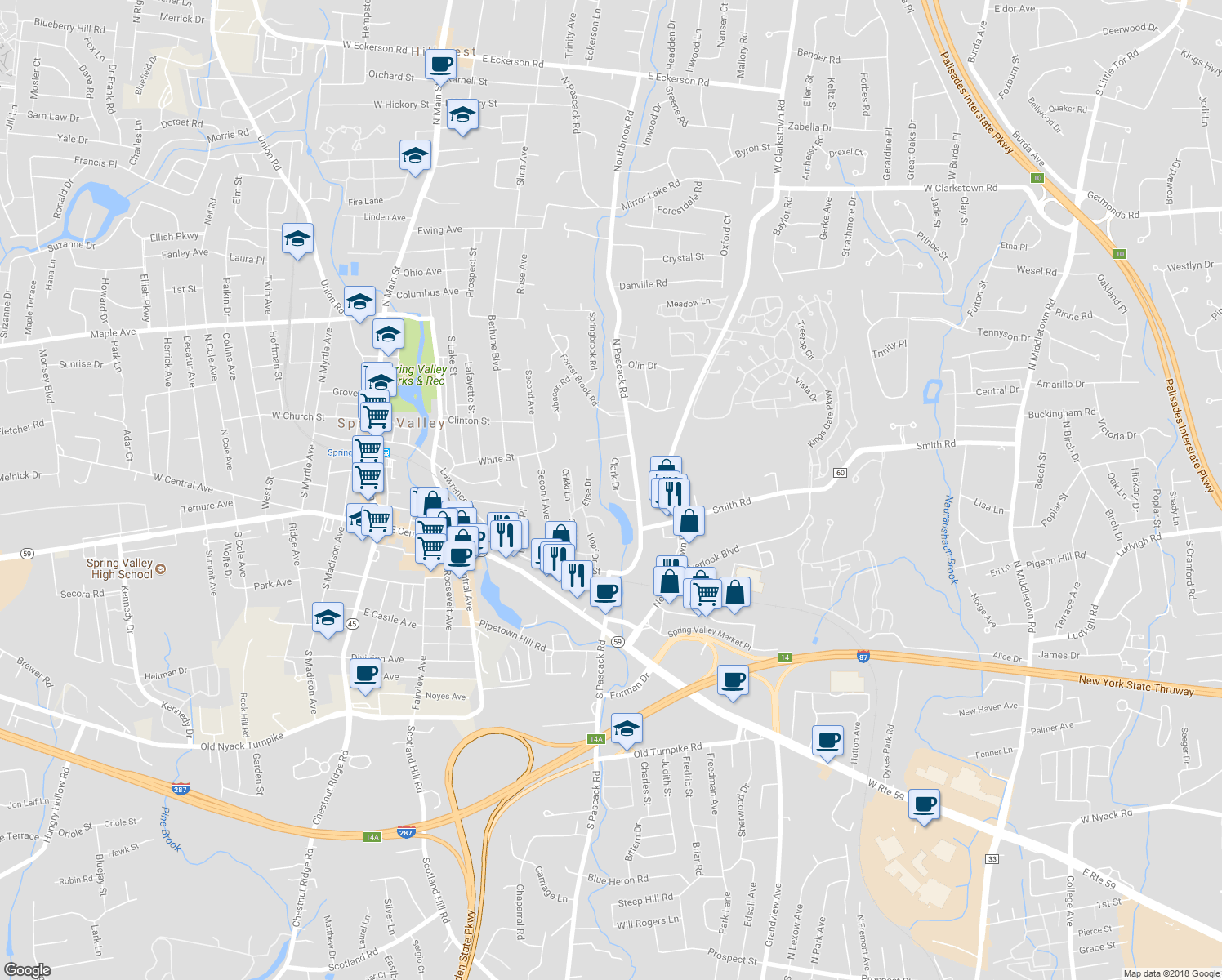 map of restaurants, bars, coffee shops, grocery stores, and more near 12 Clark Drive in Nanuet