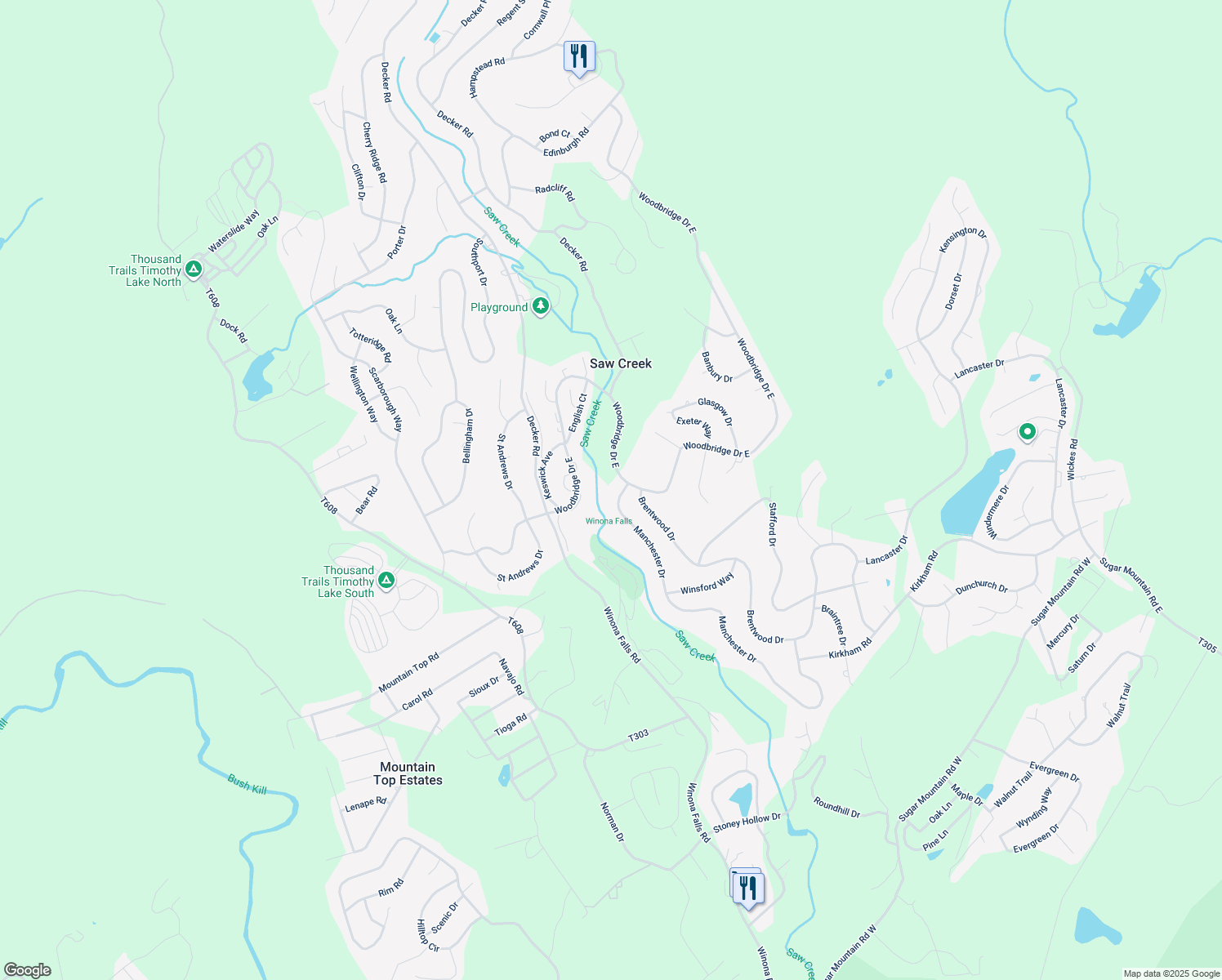 map of restaurants, bars, coffee shops, grocery stores, and more near 331 Manchester Drive in Saw Creek