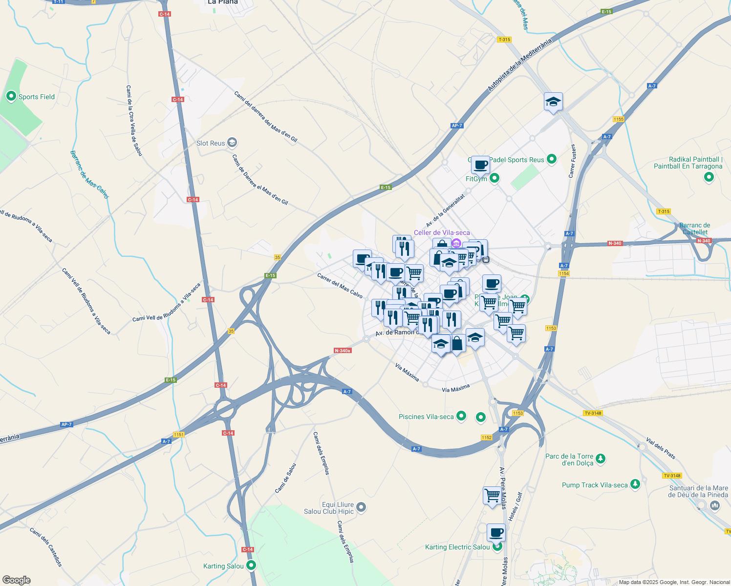 map of restaurants, bars, coffee shops, grocery stores, and more near 1 Avinguda de la Generalitat in Vila-seca