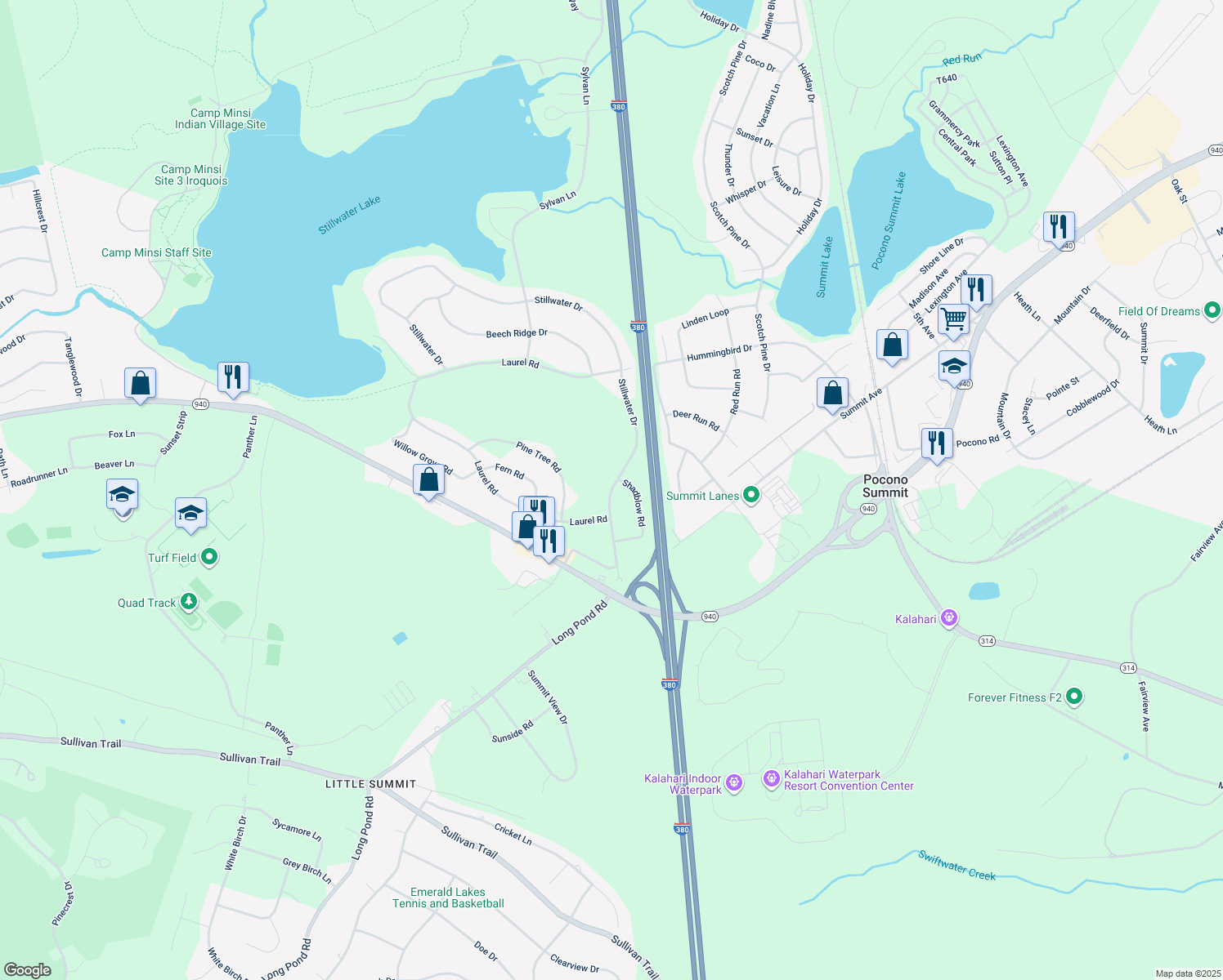 map of restaurants, bars, coffee shops, grocery stores, and more near 327 Stillwater Drive in Pocono Summit