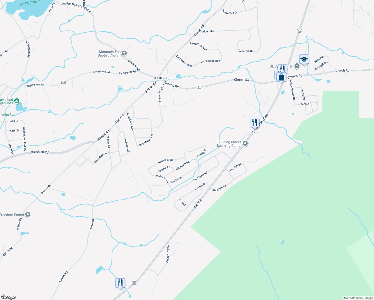 map of restaurants, bars, coffee shops, grocery stores, and more near 22 Colonels Ridge Road in Mountain Top