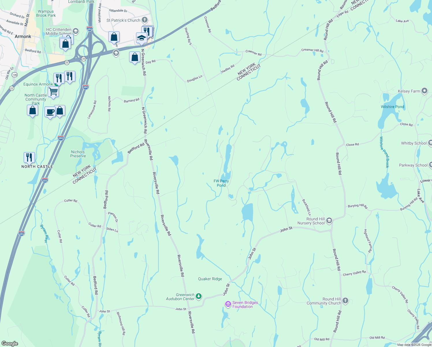 map of restaurants, bars, coffee shops, grocery stores, and more near 38 Partridge Hollow Road in Greenwich