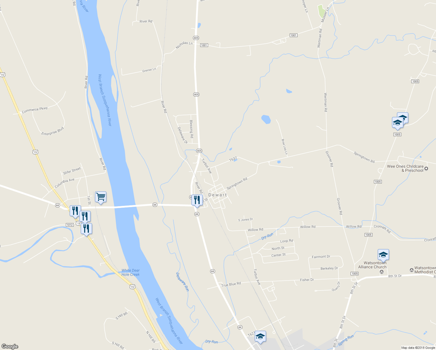 map of restaurants, bars, coffee shops, grocery stores, and more near Remley Avenue in Watsontown