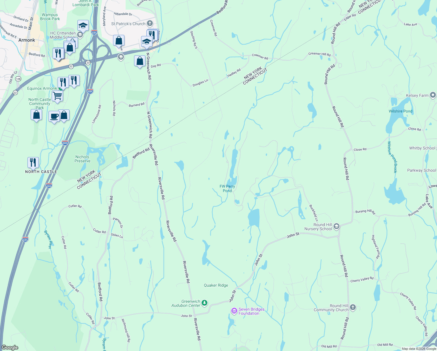 map of restaurants, bars, coffee shops, grocery stores, and more near 38 Partridge Hollow Road in Greenwich
