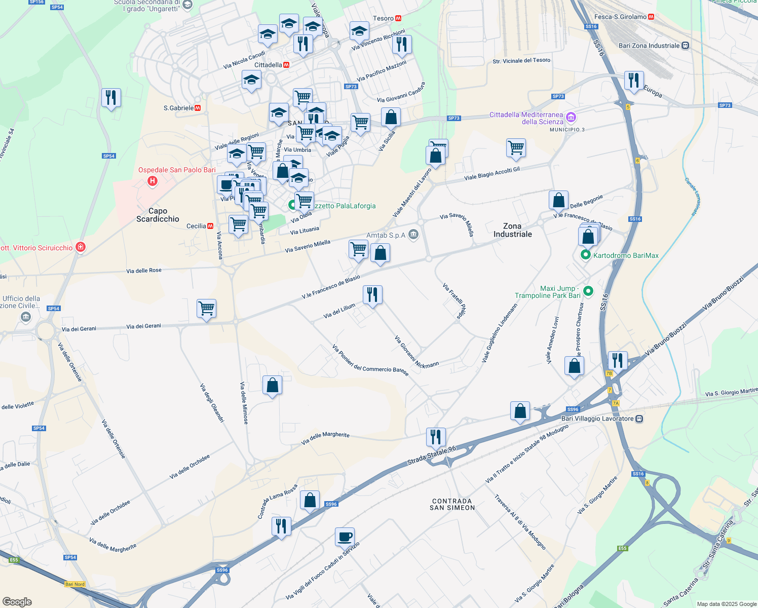 map of restaurants, bars, coffee shops, grocery stores, and more near 22 Viale Francesco de Blasio in Città Metropolitana di Bari