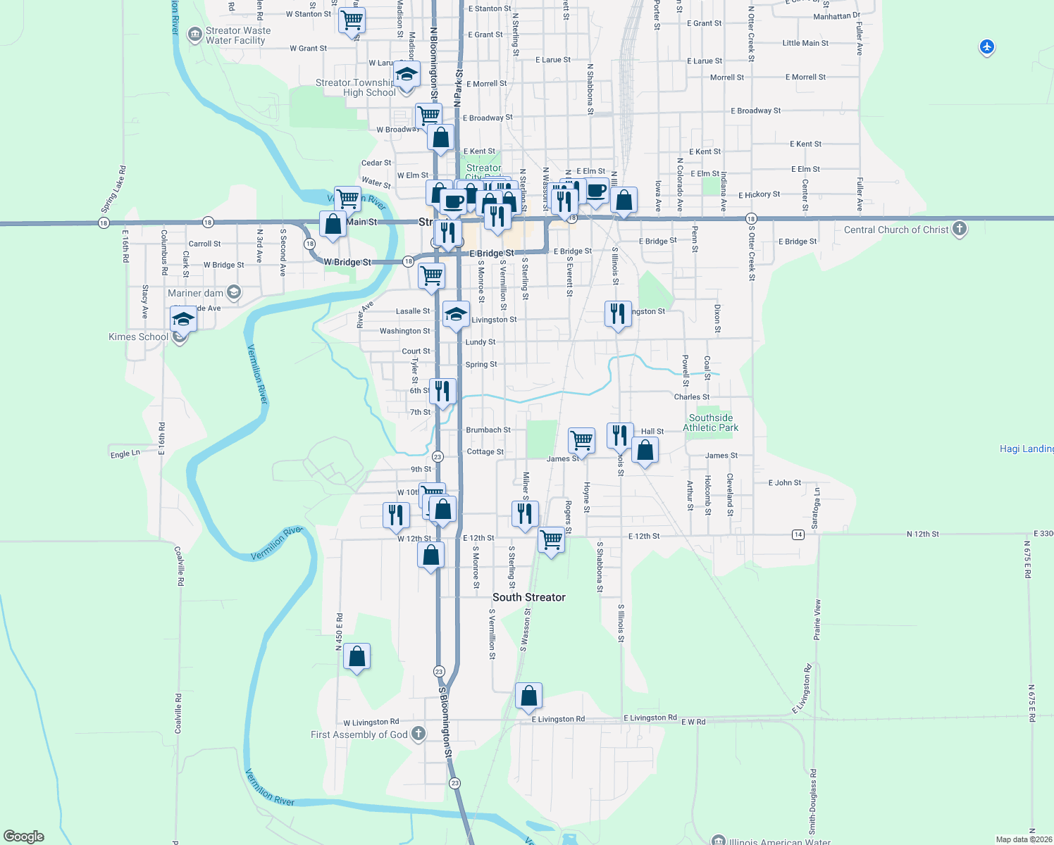 map of restaurants, bars, coffee shops, grocery stores, and more near 702 South Sterling Street in Streator