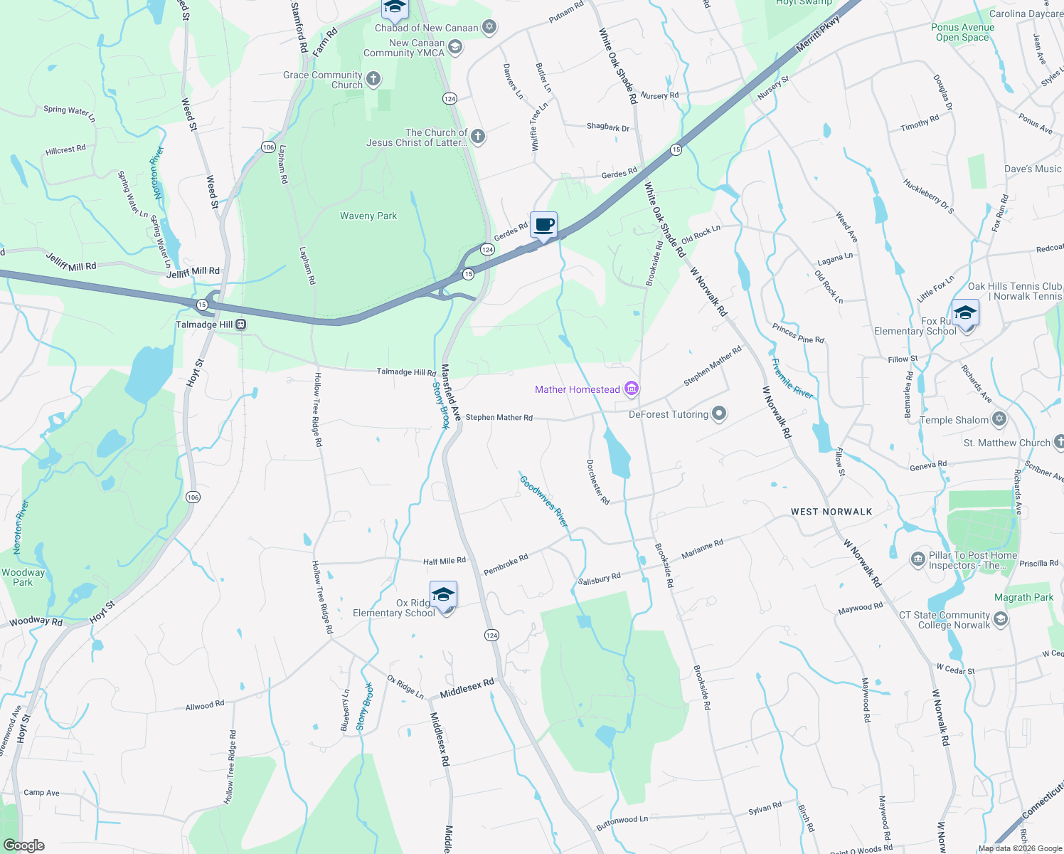 map of restaurants, bars, coffee shops, grocery stores, and more near 84 Stephen Mather Rd in Darien