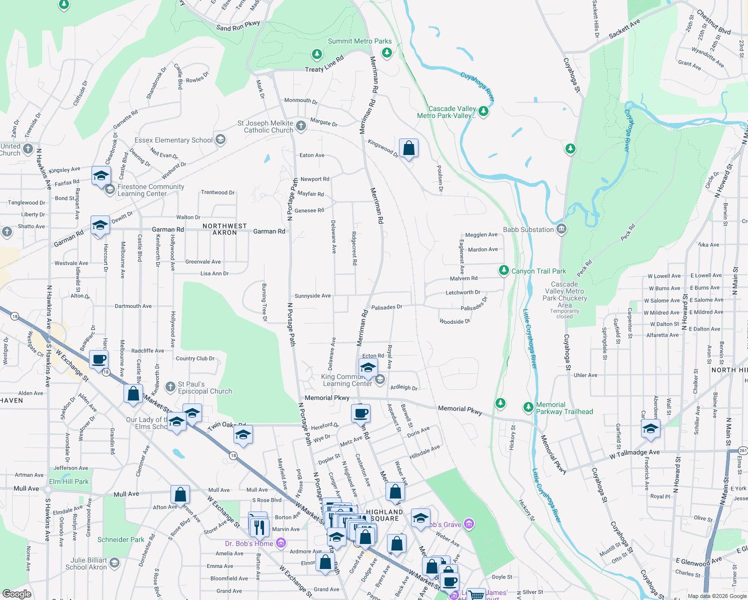 map of restaurants, bars, coffee shops, grocery stores, and more near 737 Merriman Road in Akron