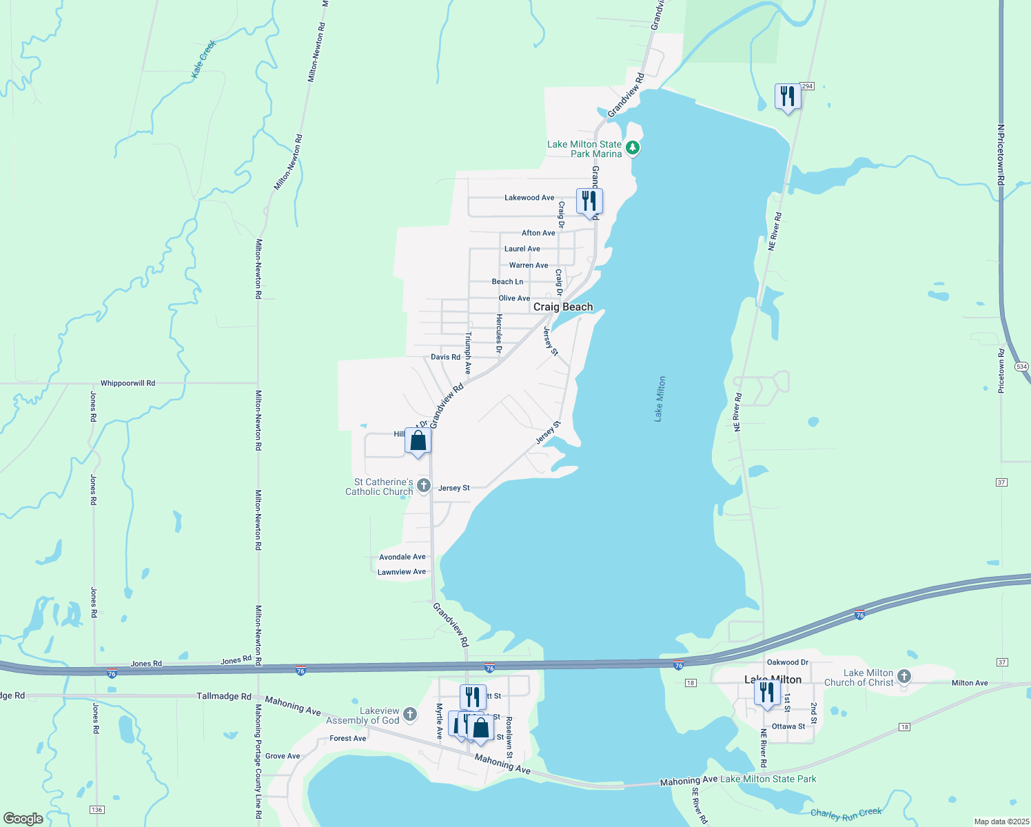 map of restaurants, bars, coffee shops, grocery stores, and more near 17552 Normandy Road in Lake Milton
