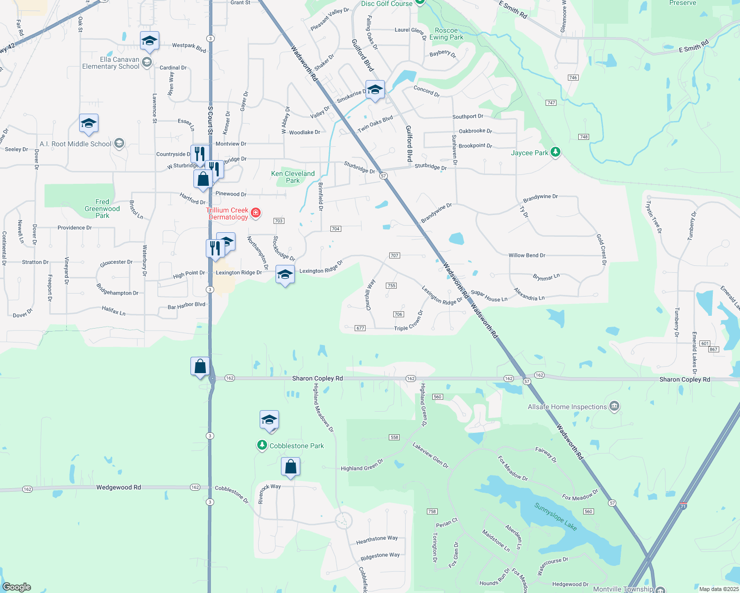 map of restaurants, bars, coffee shops, grocery stores, and more near 5961 Churchill Way in Medina