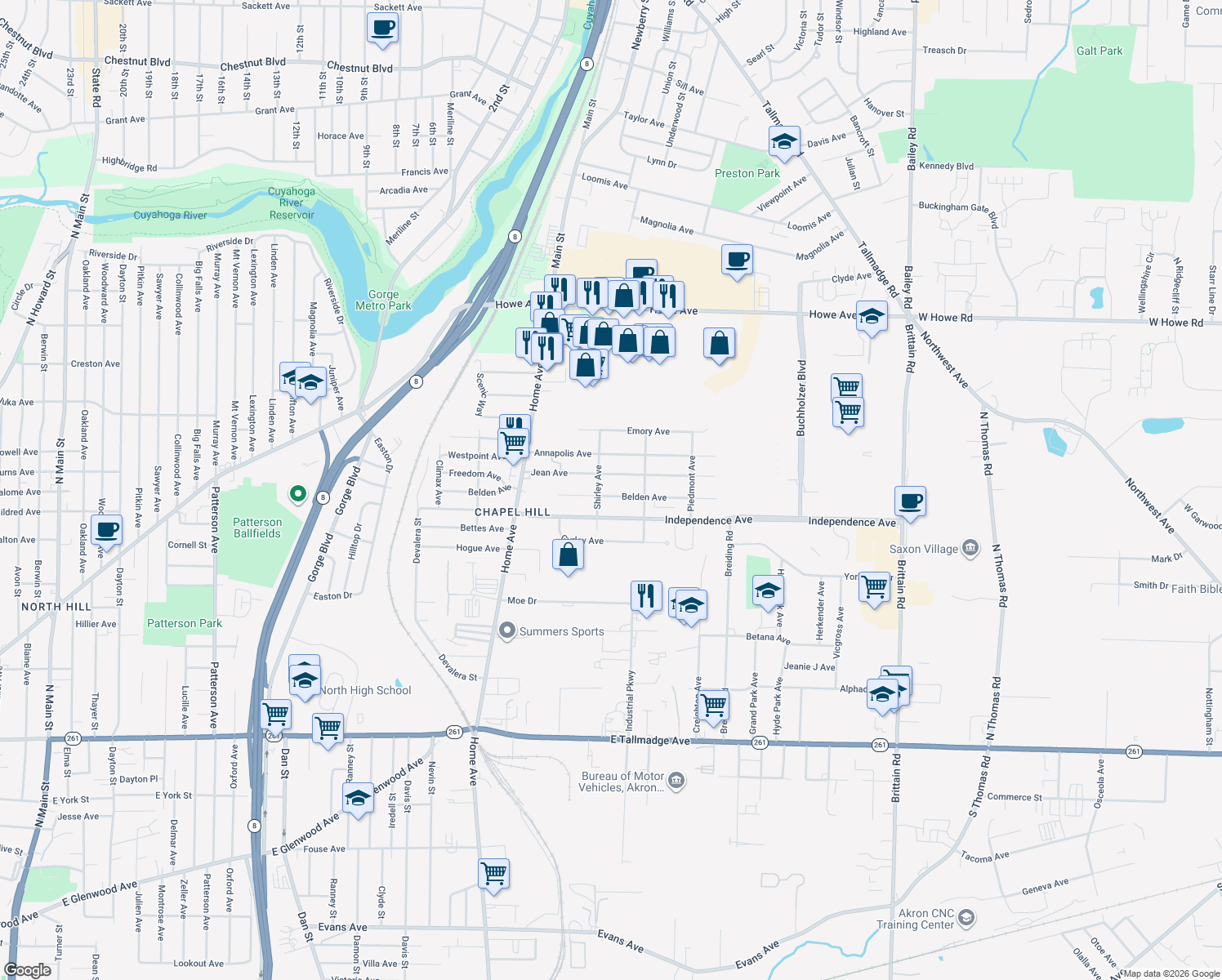 map of restaurants, bars, coffee shops, grocery stores, and more near 929 Belden Ave in Akron