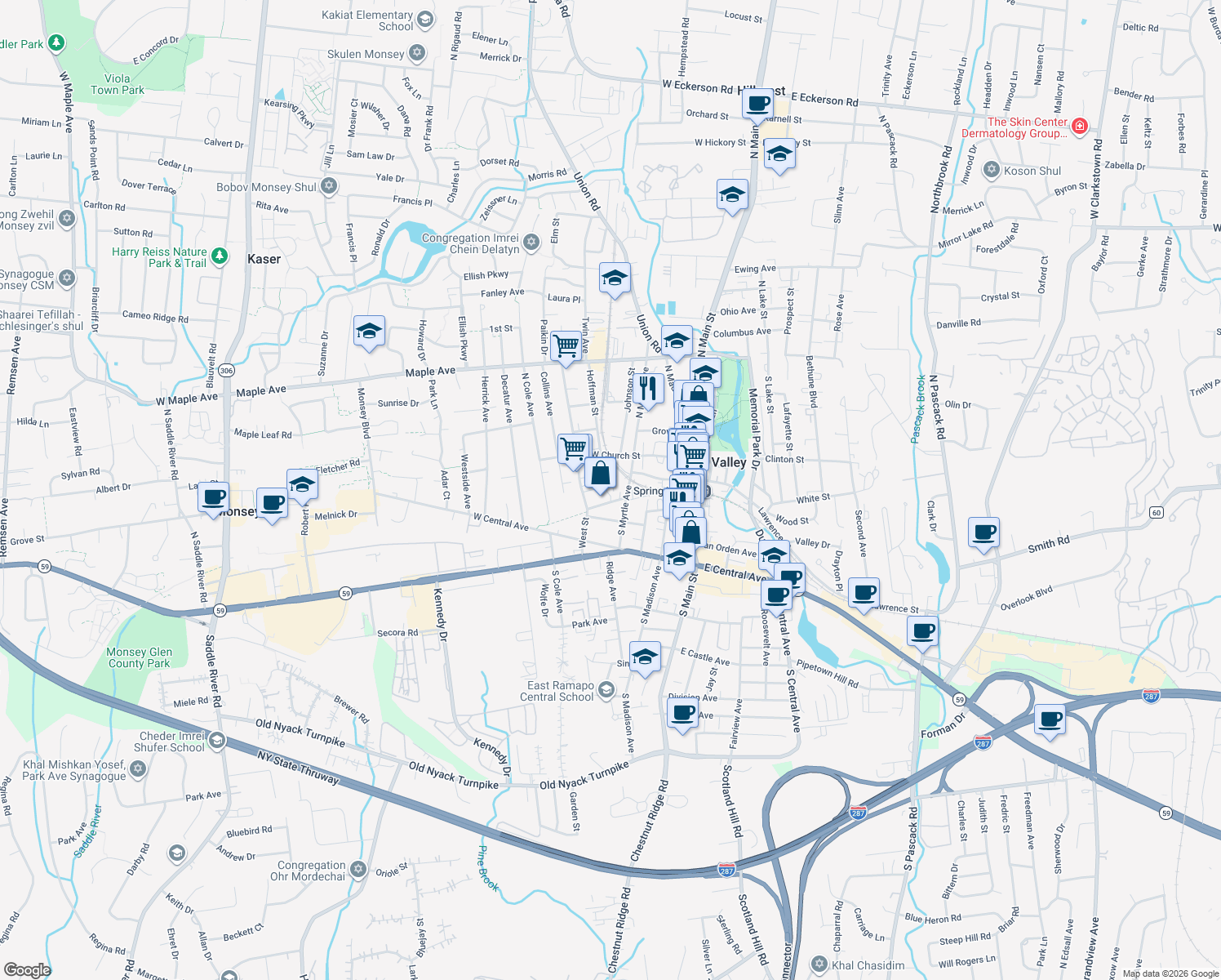 map of restaurants, bars, coffee shops, grocery stores, and more near 33 Commerce Street in Spring Valley