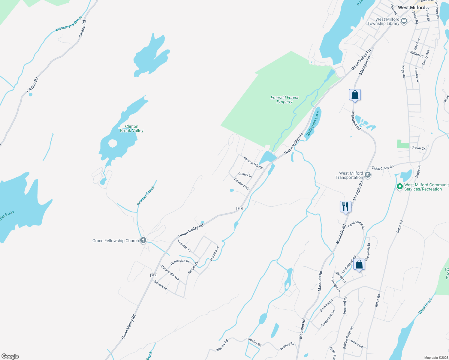 map of restaurants, bars, coffee shops, grocery stores, and more near 37c Salem Alley in West Milford