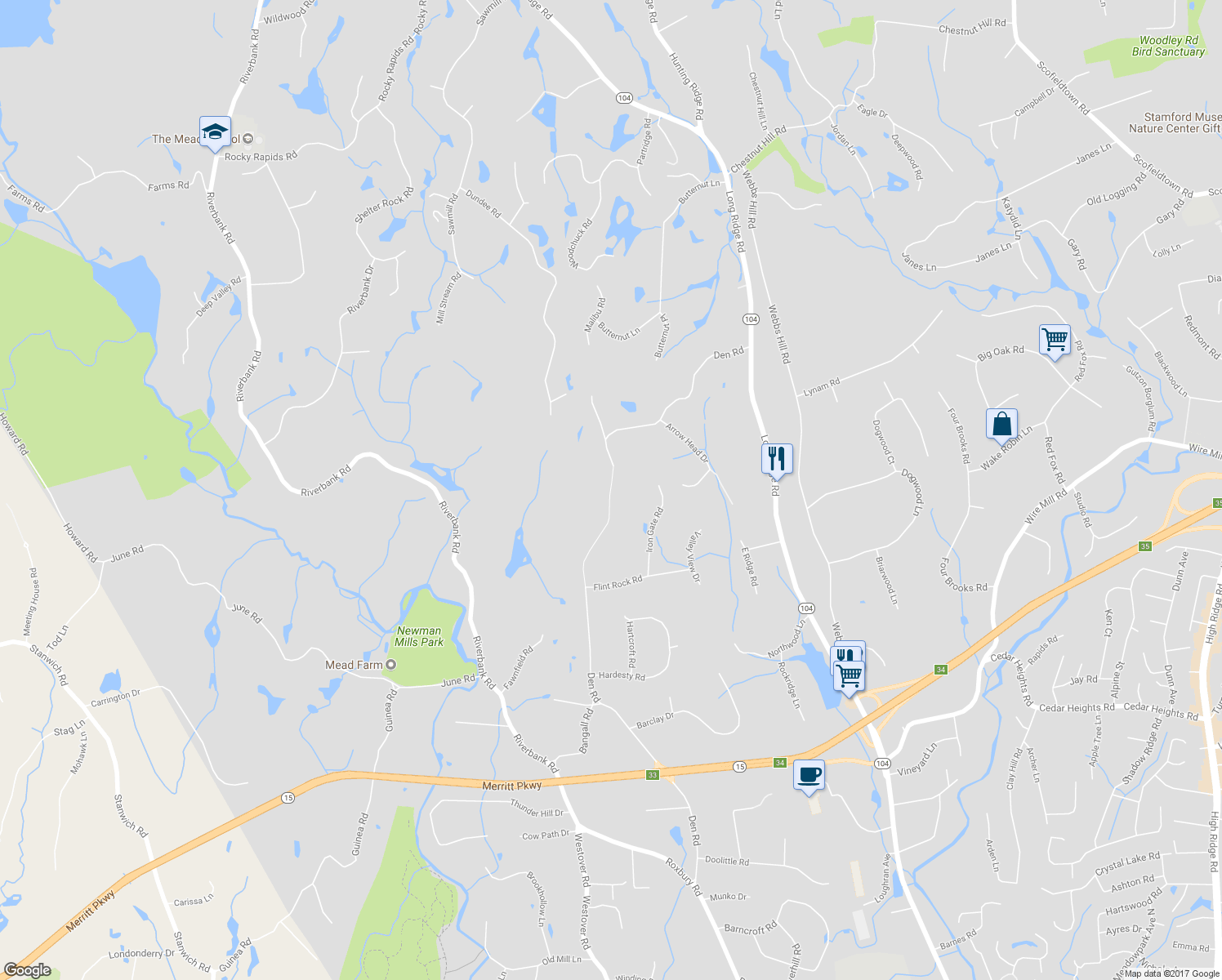 map of restaurants, bars, coffee shops, grocery stores, and more near 491 Den Road in Stamford