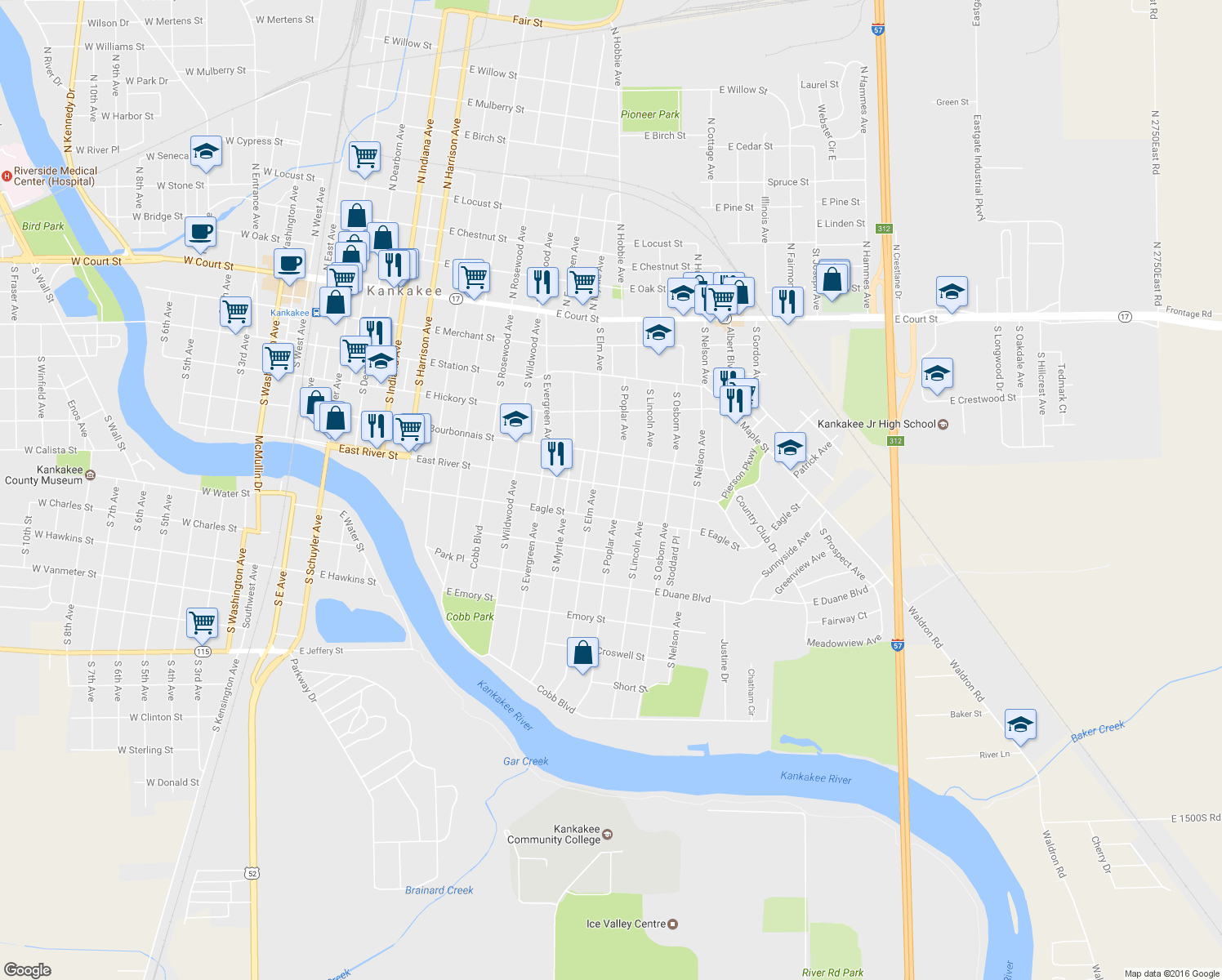 map of restaurants, bars, coffee shops, grocery stores, and more near 605 South Poplar Avenue in Kankakee