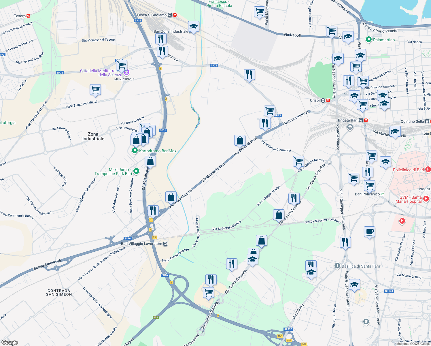 map of restaurants, bars, coffee shops, grocery stores, and more near Strada Privata Deserto in Bari