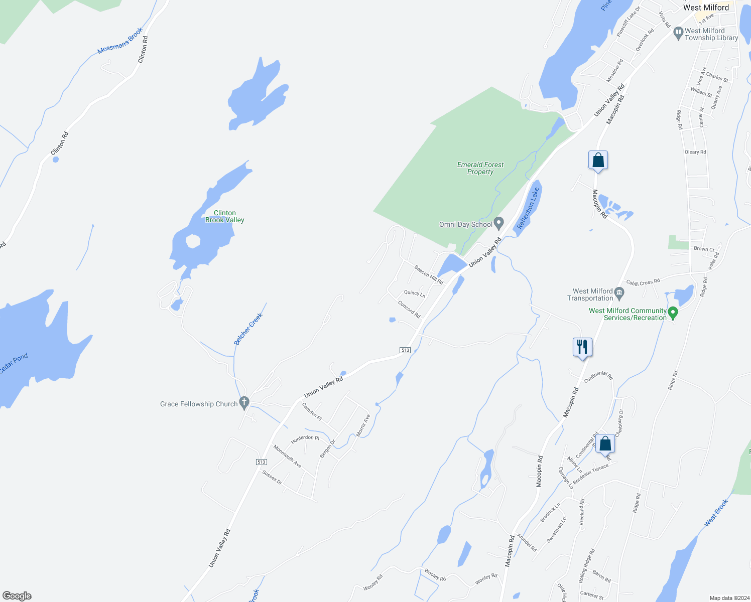 map of restaurants, bars, coffee shops, grocery stores, and more near 37c Salem Alley in West Milford