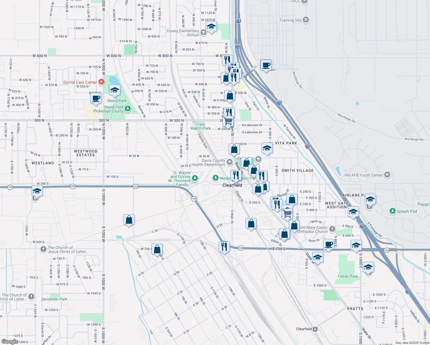 map of restaurants, bars, coffee shops, grocery stores, and more near 83 South 150 West in Clearfield