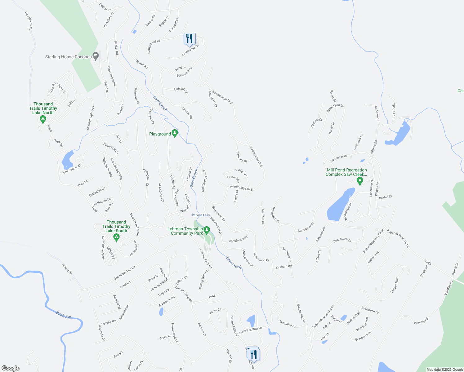 map of restaurants, bars, coffee shops, grocery stores, and more near Woodbridge Drive in Bushkill