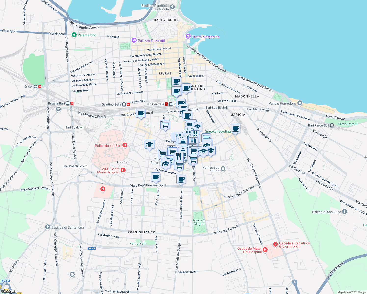 map of restaurants, bars, coffee shops, grocery stores, and more near 105-115 Corso Benedetto Croce in Bari