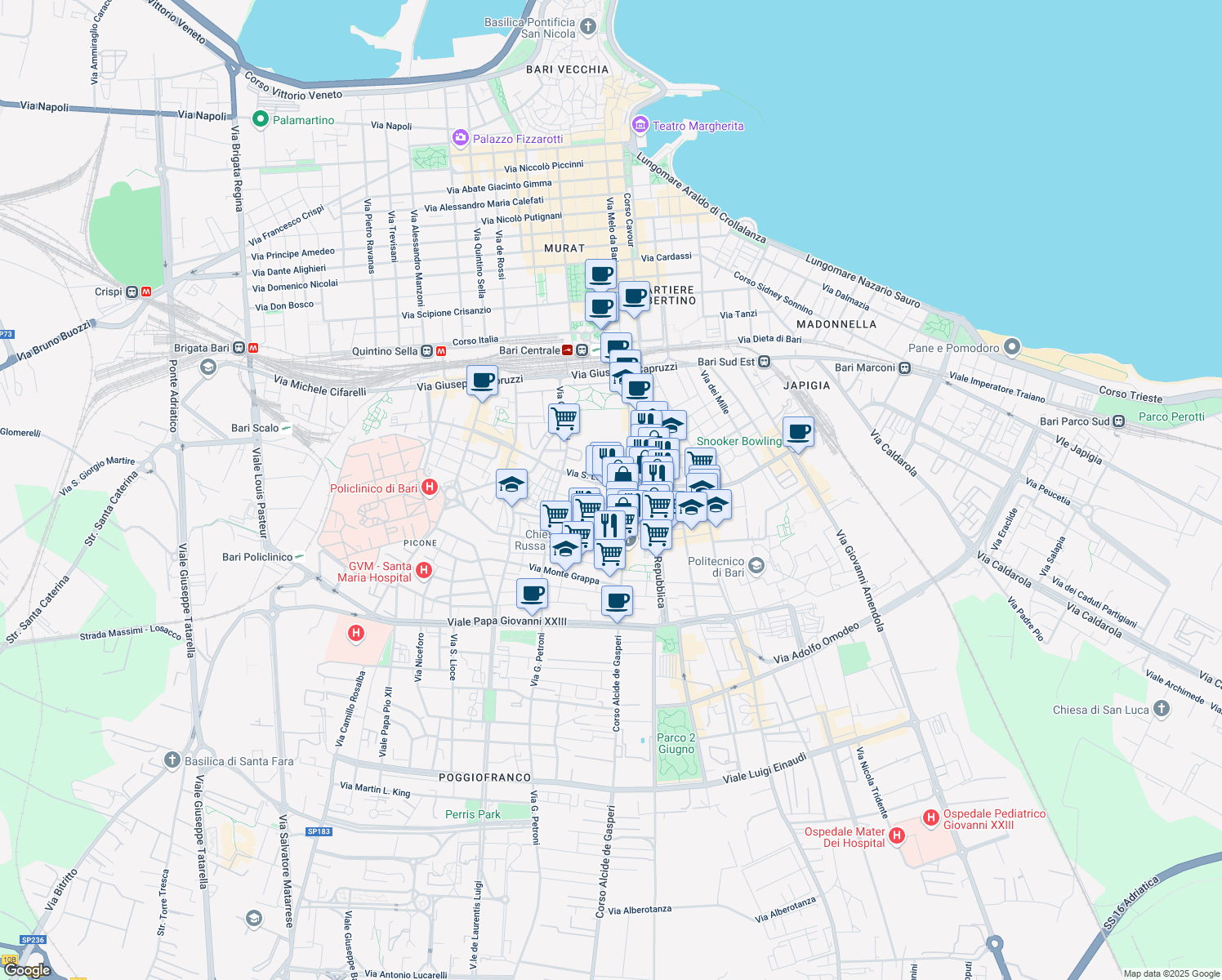 map of restaurants, bars, coffee shops, grocery stores, and more near 115 Corso Benedetto Croce in Bari