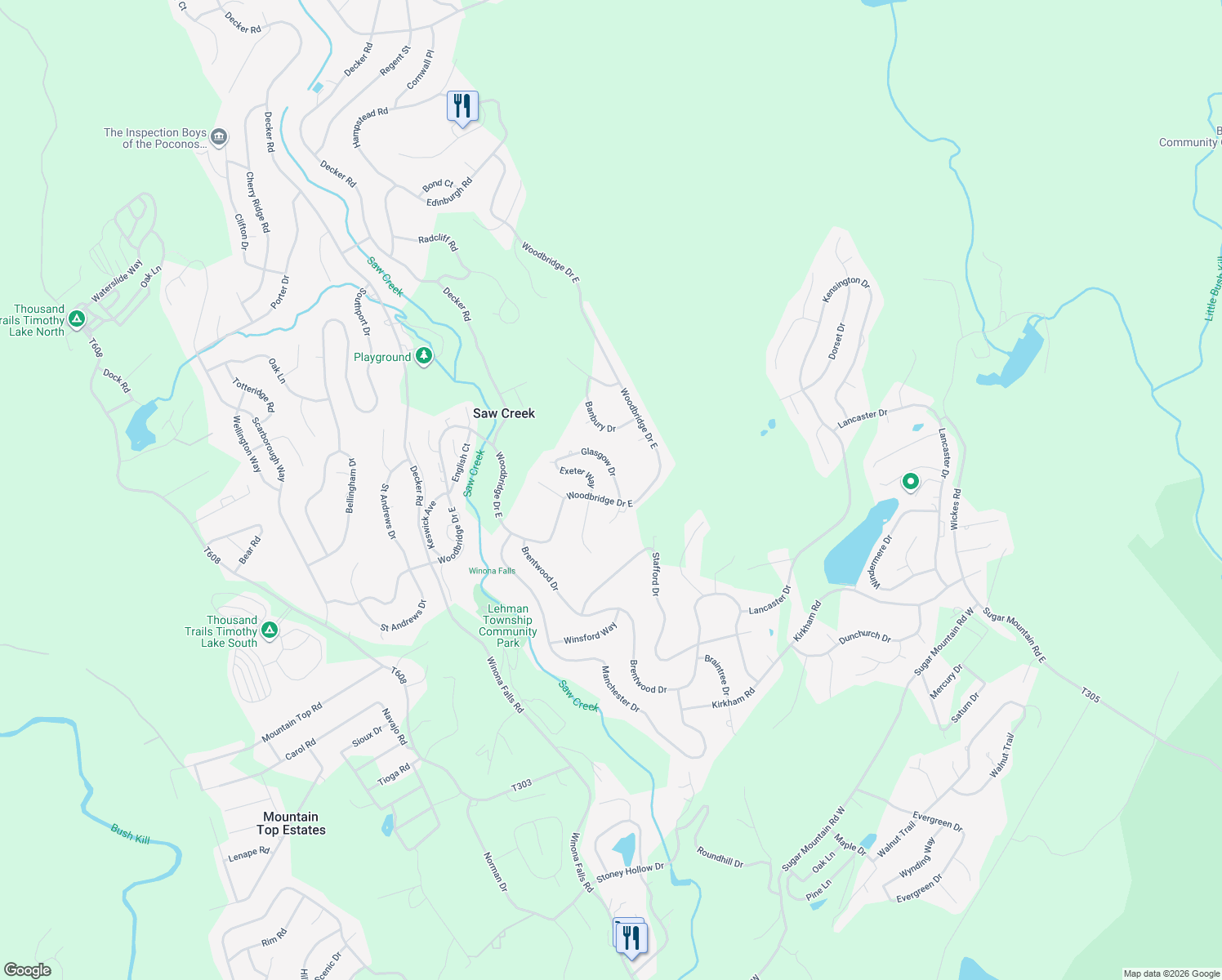 map of restaurants, bars, coffee shops, grocery stores, and more near Woodbridge Dr in Bushkill