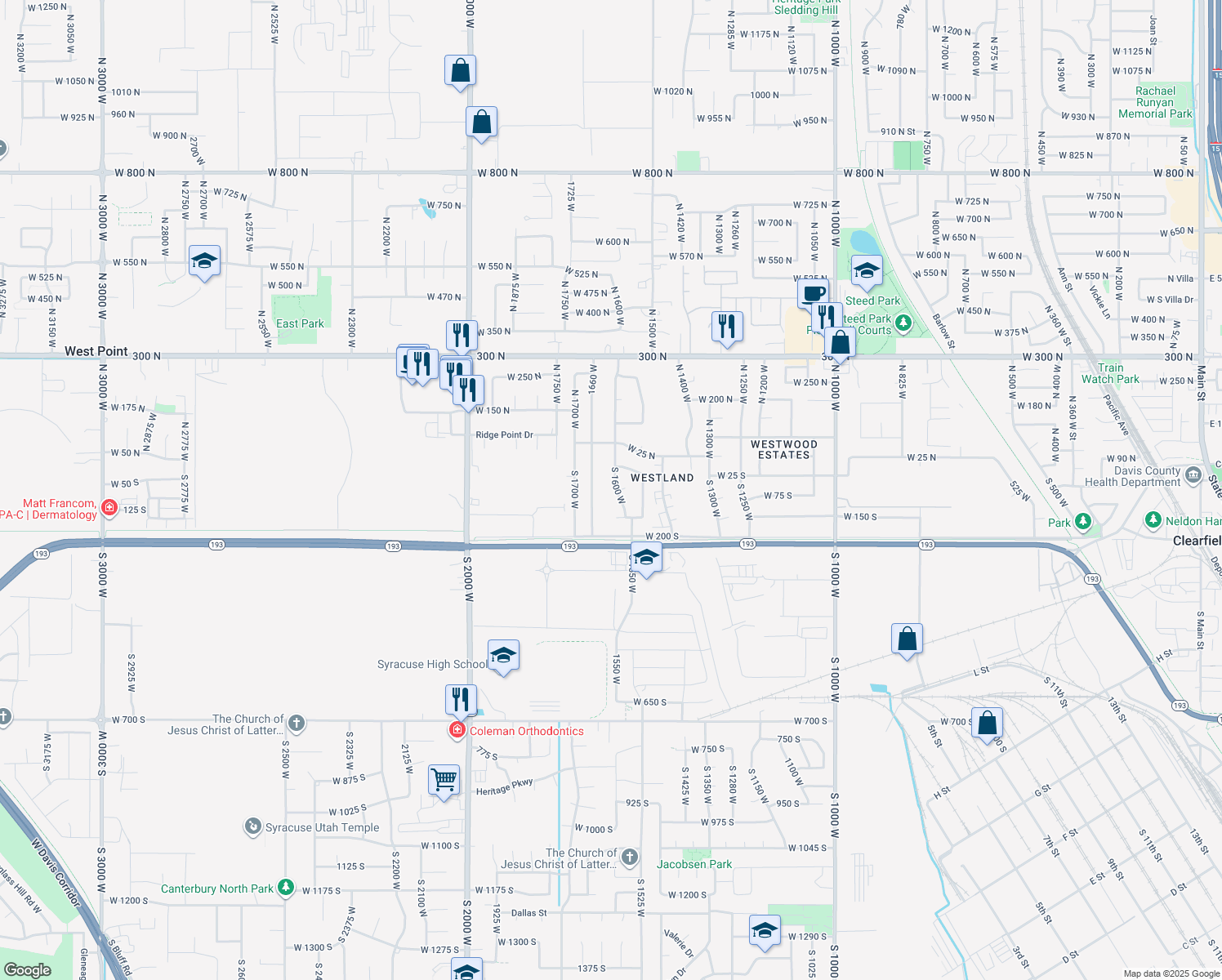 map of restaurants, bars, coffee shops, grocery stores, and more near 96 South 1600 West in West Point