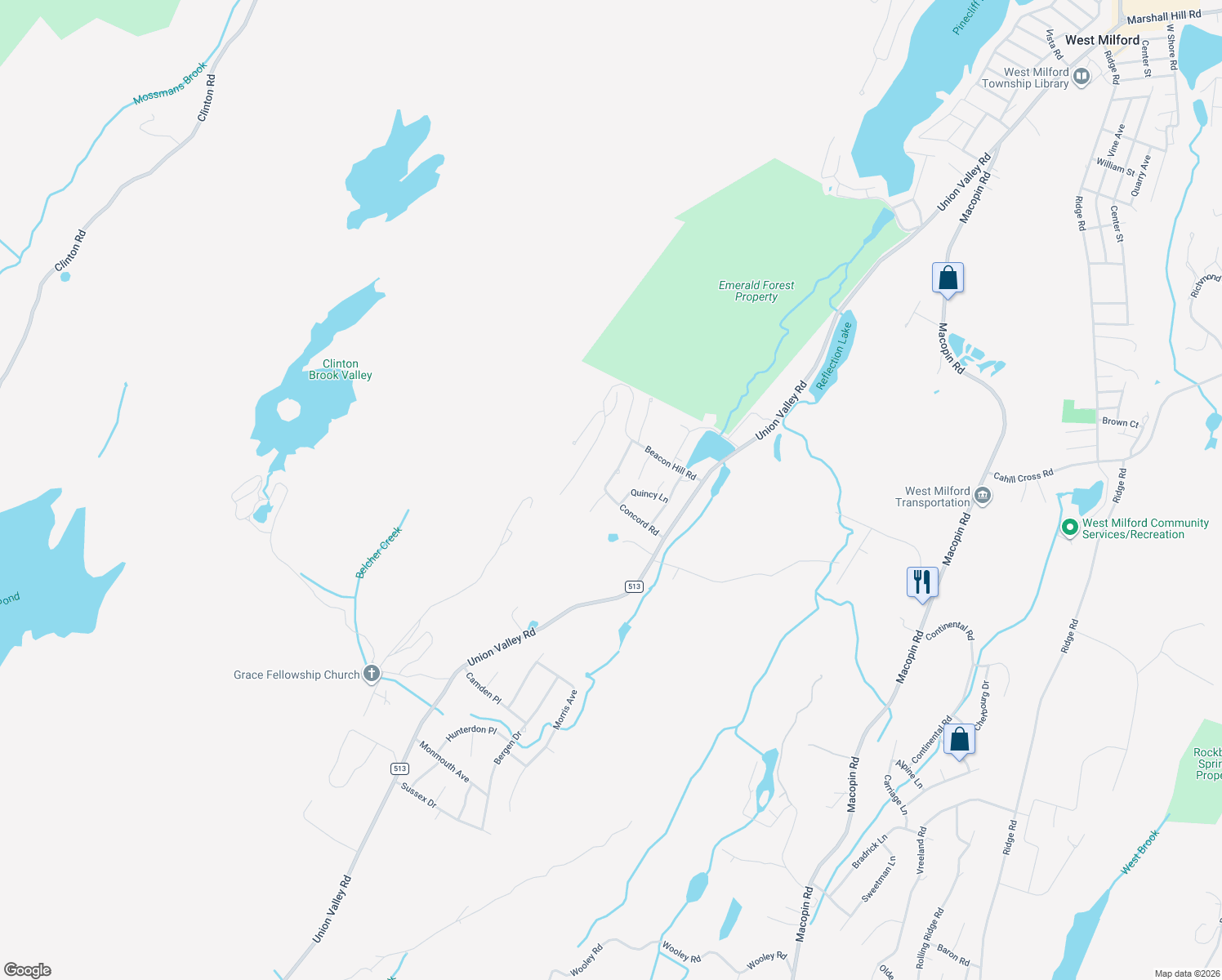 map of restaurants, bars, coffee shops, grocery stores, and more near 30 Concord Road in West Milford