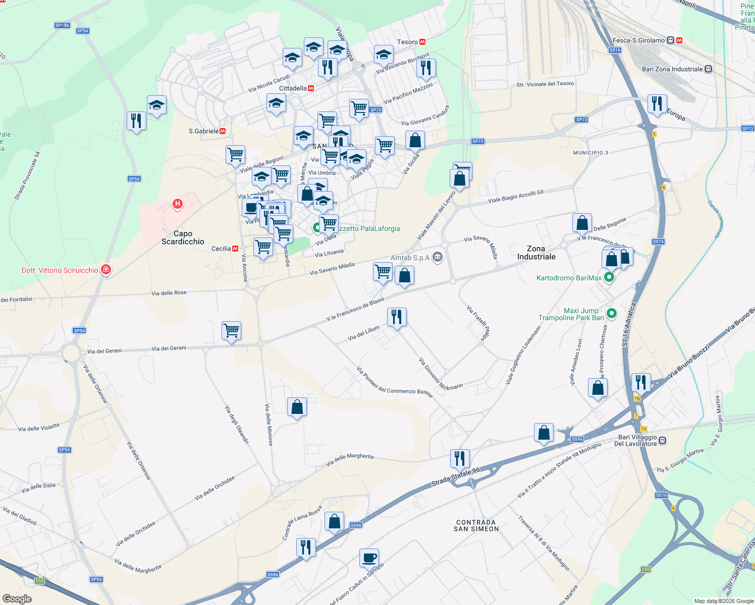 map of restaurants, bars, coffee shops, grocery stores, and more near 2-6 Viale Maestri del Lavoro in Bari