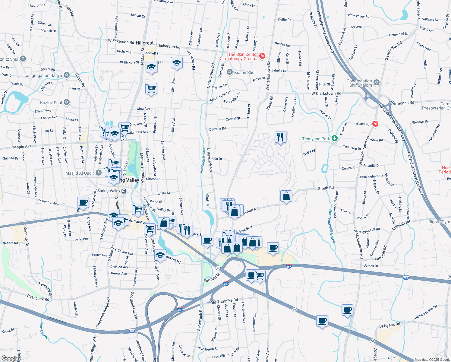 map of restaurants, bars, coffee shops, grocery stores, and more near 20 Sidney Drive in Nanuet