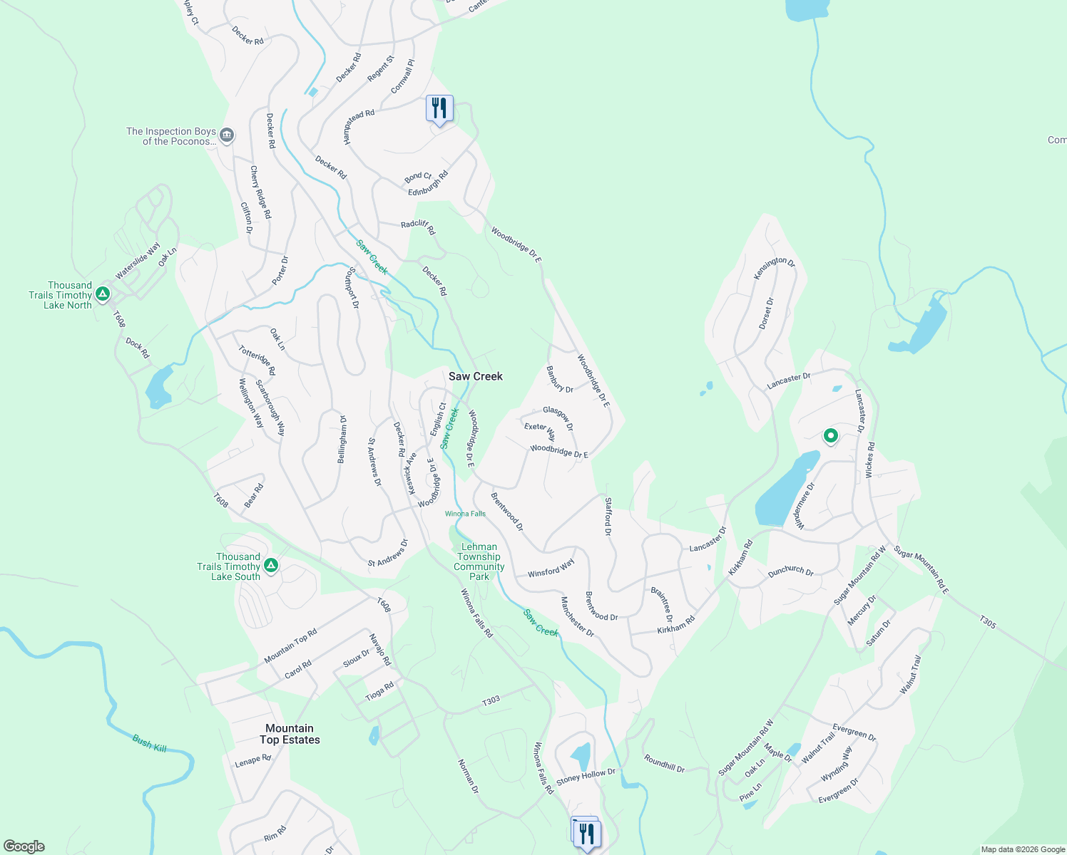 map of restaurants, bars, coffee shops, grocery stores, and more near 141 Saw Creek Estate in Bushkill