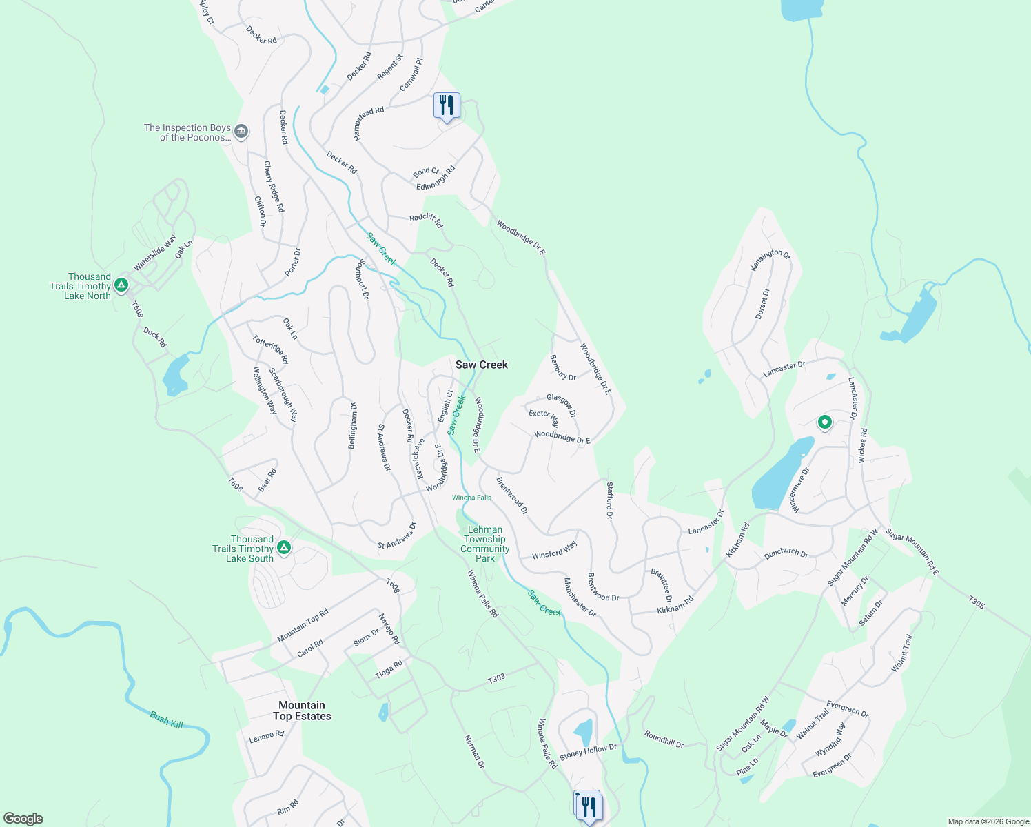 map of restaurants, bars, coffee shops, grocery stores, and more near 759 Saw Creek Estate in Bushkill