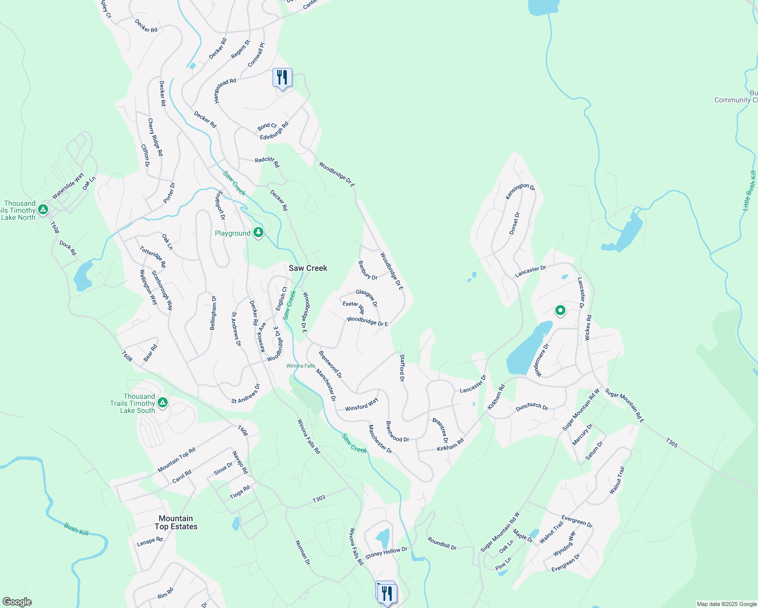 map of restaurants, bars, coffee shops, grocery stores, and more near 2120 Glasgow Drive in Saw Creek