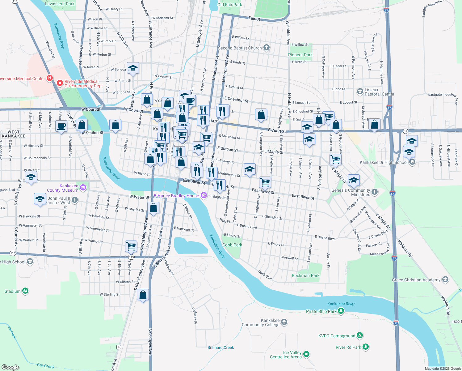 map of restaurants, bars, coffee shops, grocery stores, and more near 578 South Greenwood Avenue in Kankakee
