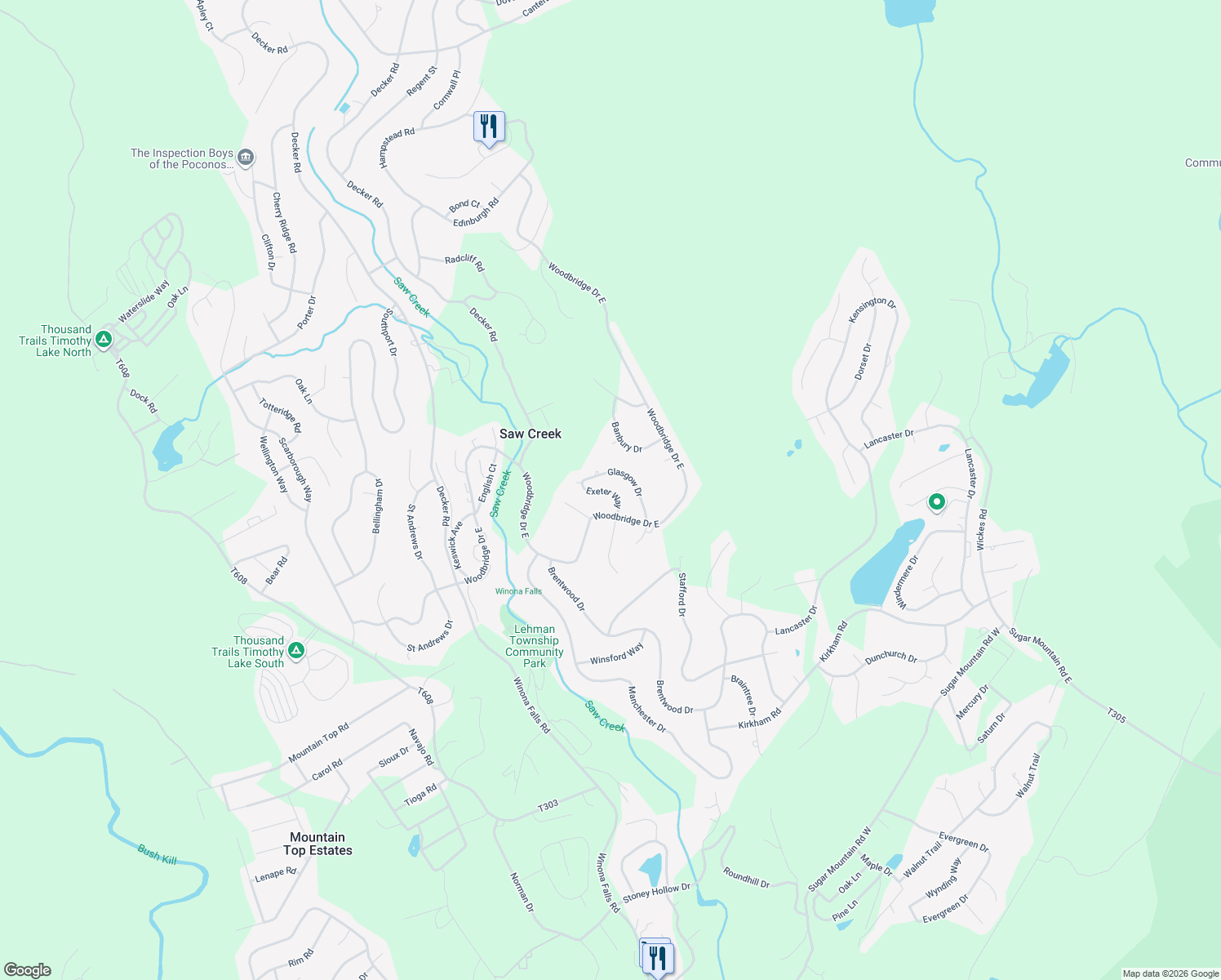 map of restaurants, bars, coffee shops, grocery stores, and more near 192 Saw Creek Estate in Bushkill