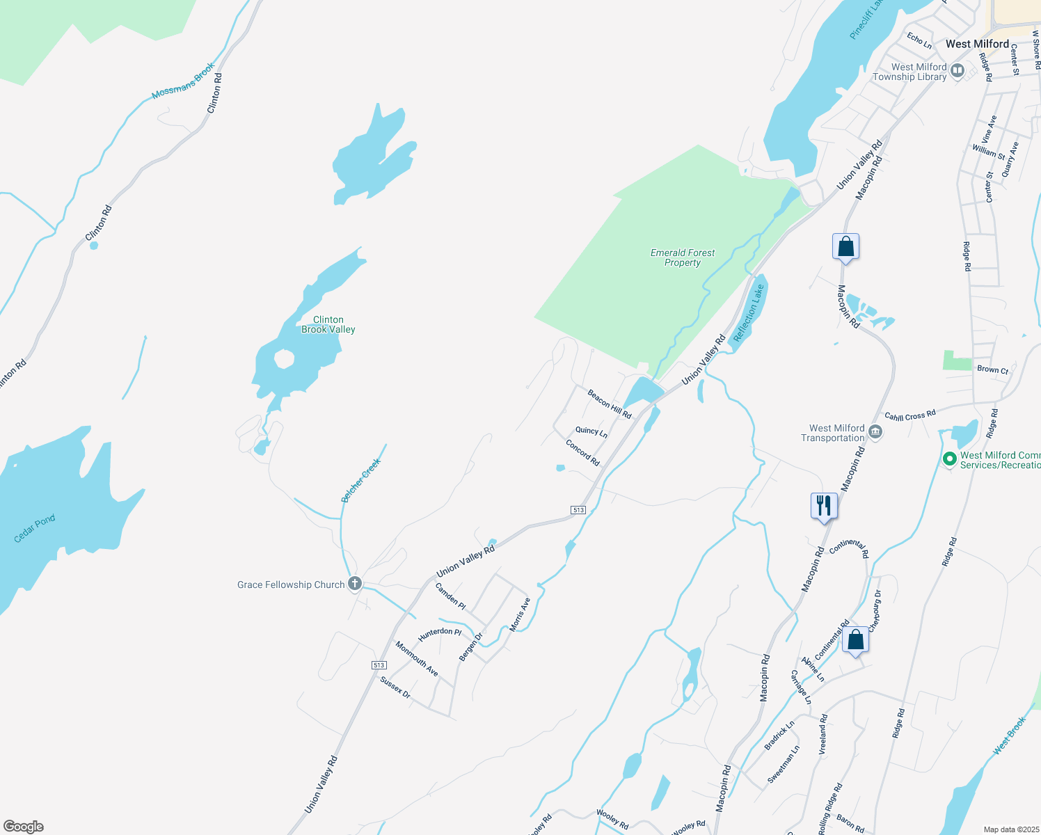 map of restaurants, bars, coffee shops, grocery stores, and more near 54F Beacon Hill Road in West Milford
