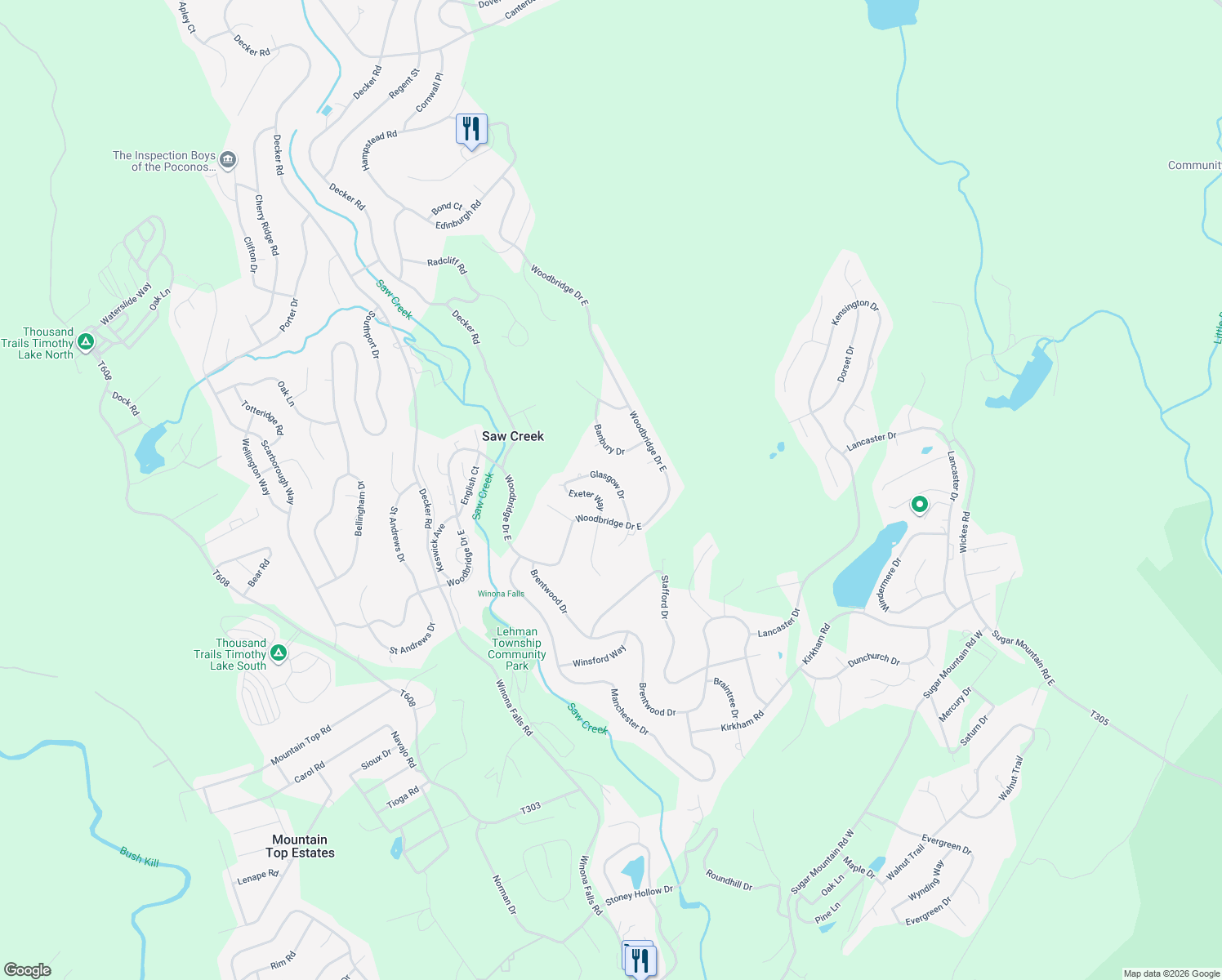 map of restaurants, bars, coffee shops, grocery stores, and more near 192 Saw Creek Estate in Bushkill